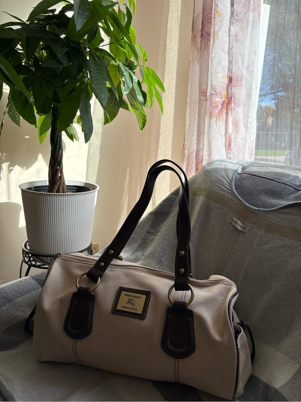 Burberry Beige Canvas Shoulder Bag with Dark Brown Leather Trim